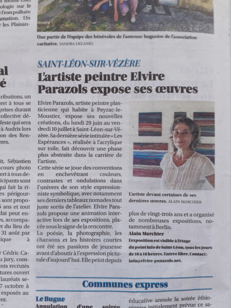 Article du Sud-Ouest sur l'exposition de Elvire Parazols à St Léon sur Vézère pour l'été 2026.