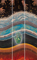 Tableau sédentaire S-123 (Histoire de Terre), triptyque, soit trois toiles de 100 x 20 cm, acrylique sur toile. Dimension totale env. 100 x 60 cm. Le tableau n'a pas besoin de cadre, les cotés sont peints. (c) Elvire Parazols