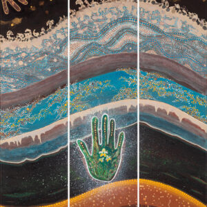 Tableau sédentaire S-123 (Histoire de Terre), triptyque, soit trois toiles de 100 x 20 cm, acrylique sur toile. Dimension totale env. 100 x 60 cm. Le tableau n'a pas besoin de cadre, les cotés sont peints. (c) Elvire Parazols