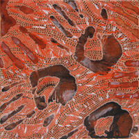 Tableau Nomade N-1230, diptyque, 2 carrés de (30 x 30 cm) ( dimension totale env. 30 x 60cm à l’horizontale) ; ici le carré N-1230B - Technique acrylique sur toile. Tons de rouge de mars, ocres, noirs, terre de Sienne brûlée, blancs. Ici un des carrés de 30 cm (N-1230B) avec une danse d'empreintes de mains d'où part une myriade de traits blancs ou rouges. Des lignes de points noirs et rouges remplissent le fond ocre clair comme un cuir tanné. (c) Elvire Parazols