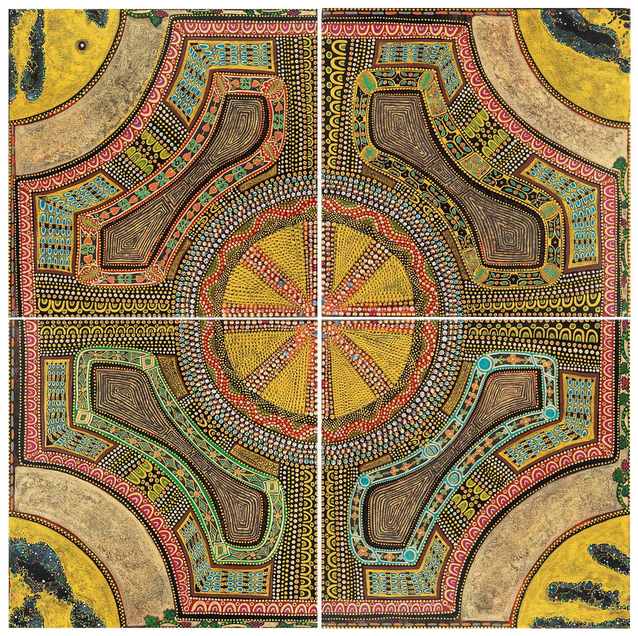 Tableau Nomade N-3430, quadriptyque, 4 carrés de (30 x 30 cm) - Technique acrylique sur toile. Tons d'ors, perles et pierres précieuses, dorés, verts, rouges, bleus et turquoises, jaunes, blancs et noirs. Un exemple d'accrochage ici regroupé en carré (deux carrés au-dessus de deux carrés). (c) Elvire Parazols