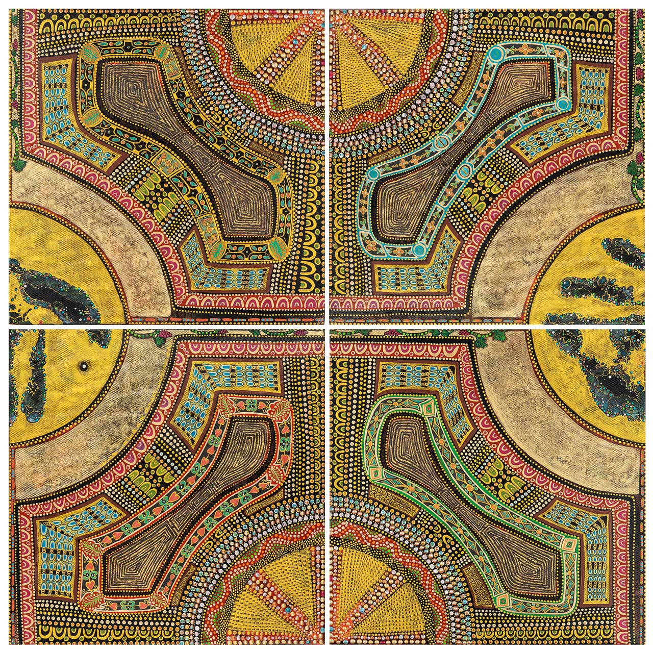Tableau Nomade N-3430, quadriptyque, 4 carrés de (30 x 30 cm) - Technique acrylique sur toile. Tons d'ors, perles et pierres précieuses, dorés, verts, rouges, bleus et turquoises, jaunes, blancs et noirs. Un exemple d'accrochage ici regroupé en carré (deux carrés au-dessus de deux carrés). (c) Elvire Parazols