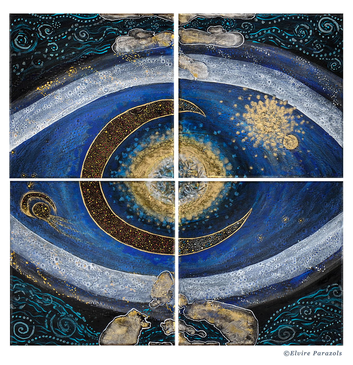 Tableau Nomade N-8420 (env. 40 x 40 cm) - quadriptyque - Technique : acrylique sur toile. Série Stardust. Tons de bleus profonds et autres nuances de bleu, dorés, blanc. Atmosphère cosmique! Une présentation parmi d'autres.