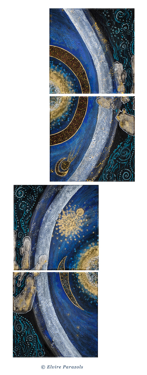 Tableau Nomade N-8420 (env. 80 x 20 cm à la verticale, ou à l'horizontale, 20 x 80 cm) - quadriptyque - Technique : acrylique sur toile. Série Stardust. Tons de bleus profonds et autres nuances de bleu, dorés, blanc. Atmosphère cosmique! Une présentation parmi d'autres.