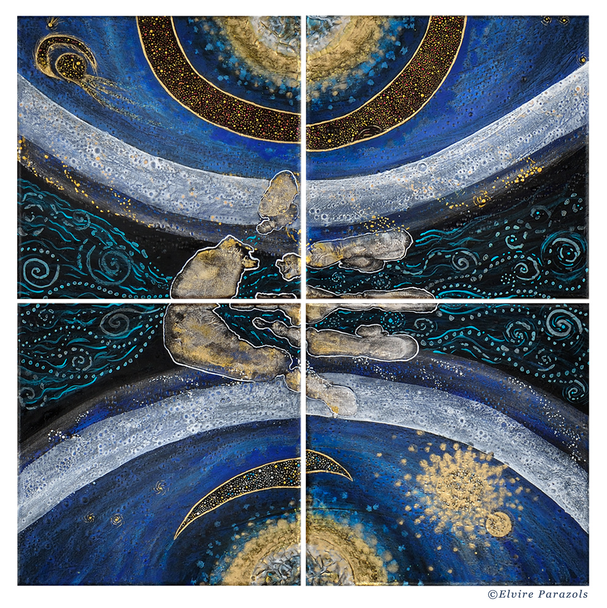 Tableau Nomade N-8420 (env. 40 x 40 cm) - quadriptyque - Technique : acrylique sur toile. Série Stardust. Tons de bleus profonds et autres nuances de bleu, dorés, blanc. Atmosphère cosmique! Une présentation parmi d'autres.