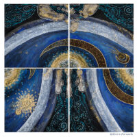 Tableau Nomade N-8420 (env. 40 x 40 cm) - quadriptyque - Technique : acrylique sur toile. Série Stardust. Tons de bleus profonds et autres nuances de bleu, dorés, blanc. Atmosphère cosmique! Une présentation parmi d'autres.