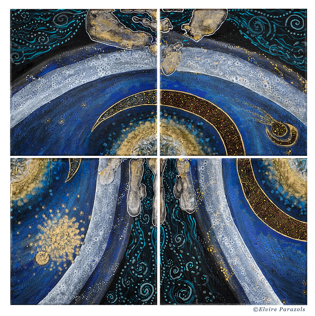 Tableau Nomade N-8420 (env. 40 x 40 cm) - quadriptyque - Technique : acrylique sur toile. Série Stardust. Tons de bleus profonds et autres nuances de bleu, dorés, blanc. Atmosphère cosmique! Une présentation parmi d'autres.