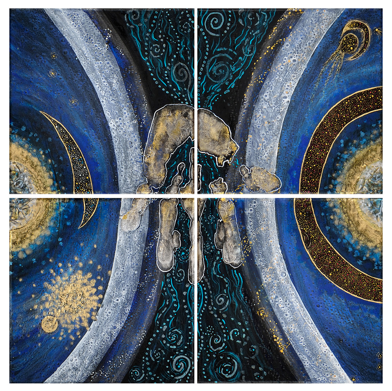 Tableau Nomade N-8420 (env. 40 x 40 cm) - quadriptyque - Technique : acrylique sur toile. Série Stardust. Tons de bleus profonds et autres nuances de bleu, dorés, blanc. Atmosphère cosmique! Une présentation parmi d'autres.