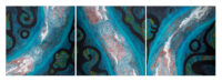 Tableau Nomade N-1340, triptyque, 3 carrés de (40 x 40 cm) - Technique acrylique sur toile. Série "Océaniques". Tons de bleus, turquoise, indigo, ocre, blancs et verts avec des volutes de points multicolores. Ici vous voyez les 3 carrés ensemble l'un à côté de l'autre, à l'horizontale (exemple d'accrochage n°8). (c) Elvire Parazols