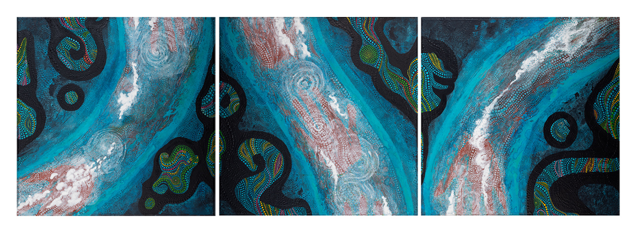 Tableau Nomade N-1340, triptyque, 3 carrés de (40 x 40 cm) - Technique acrylique sur toile. Série "Océaniques". Tons de bleus, turquoise, indigo, ocre, blancs et verts avec des volutes de points multicolores. Ici vous voyez les 3 carrés ensemble l'un à côté de l'autre, à l'horizontale (exemple d'accrochage n°8). (c) Elvire Parazols