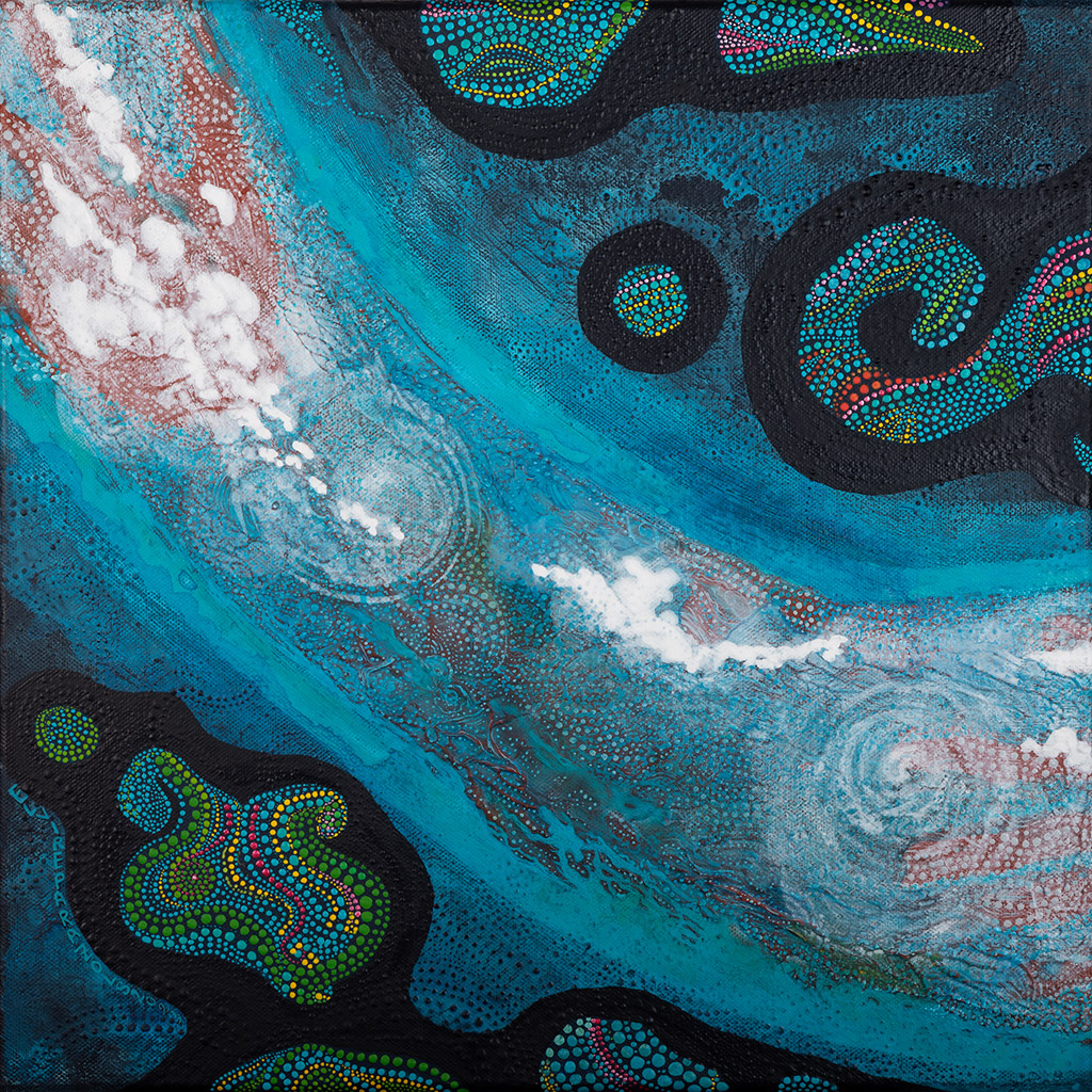 Tableau Nomade N-1340, triptyque, 3 carrés de (40 x 40 cm) - Technique acrylique sur toile. Série "Océaniques. Tons de bleus, turquoise, indigo ocre, blancs et verts avec des volutes de points multicolores. Ici vous voyez le carré N-1340A (1er sur 3). (c) Elvire Parazols