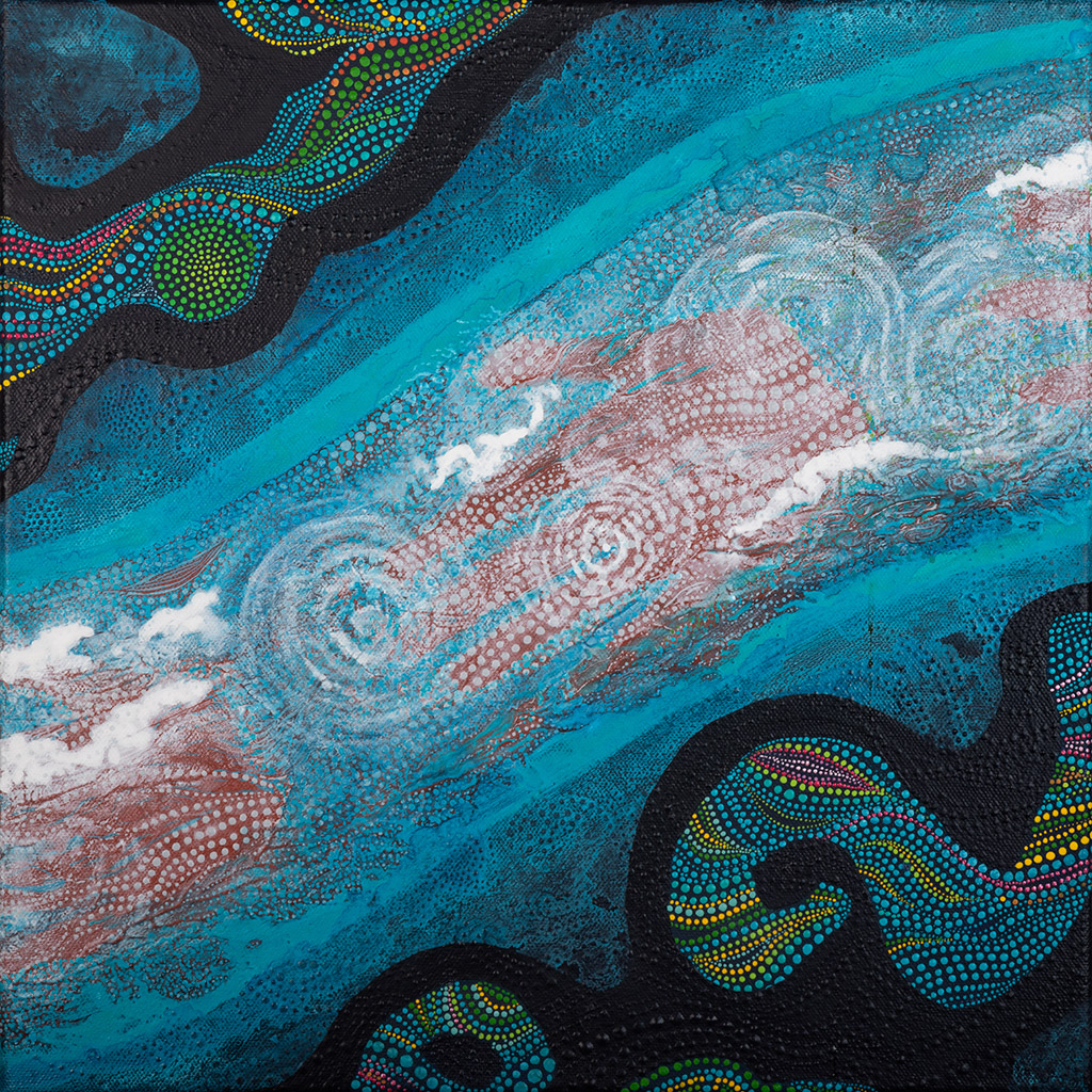 Tableau Nomade N-1340, triptyque, 3 carrés de (40 x 40 cm) - Technique acrylique sur toile. Série "Océaniques. Tons de bleus, turquoise, indigo ocre, blancs et verts avec des volutes de points multicolores. Ici vous voyez le carré N-1340B (2e sur 3). (c) Elvire Parazols