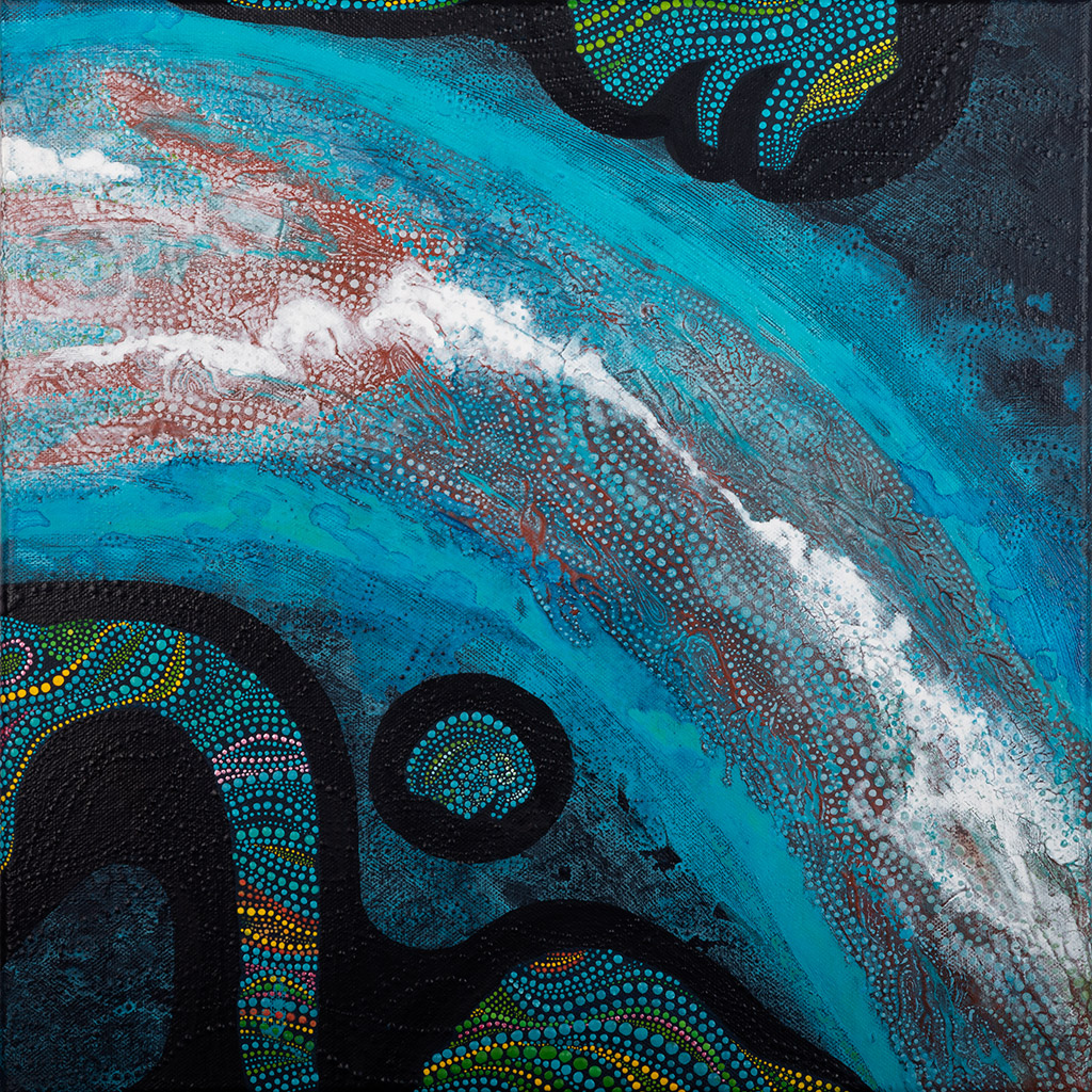 Tableau Nomade N-1340, triptyque, 3 carrés de (40 x 40 cm) - Technique acrylique sur toile. Série "Océaniques. Tons de bleus, turquoise, indigo ocre, blancs et verts avec des volutes de points multicolores. Ici vous voyez le carré N-1340C (3e sur 3). (c) Elvire Parazols