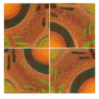 Tableau Nomade N-1420, quadriptyque, 4 carrés de (20 x 20 cm) - ici présentation groupée en carré d'environ 40 x 40 cm. - Technique acrylique sur toile. Tons de rouge de mars, jaunes, orangés, blancs et verts. Cercles et demi-cercles se succèdent en différentes combinaisons selon l'agencement des carrés. On aperçoit des empreintes de mains sur les côtés ou au milieu selon. (c) Elvire Parazols