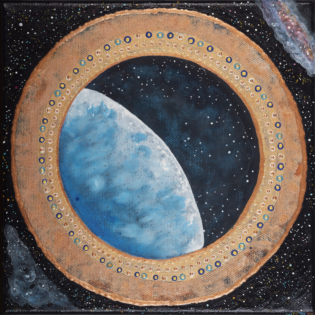 Tableau Nomade N-2120 (un carré de 20cm, acrylique sur toile). Série Stardust. Ce Nomade est en une pièce, ce qui est rare!