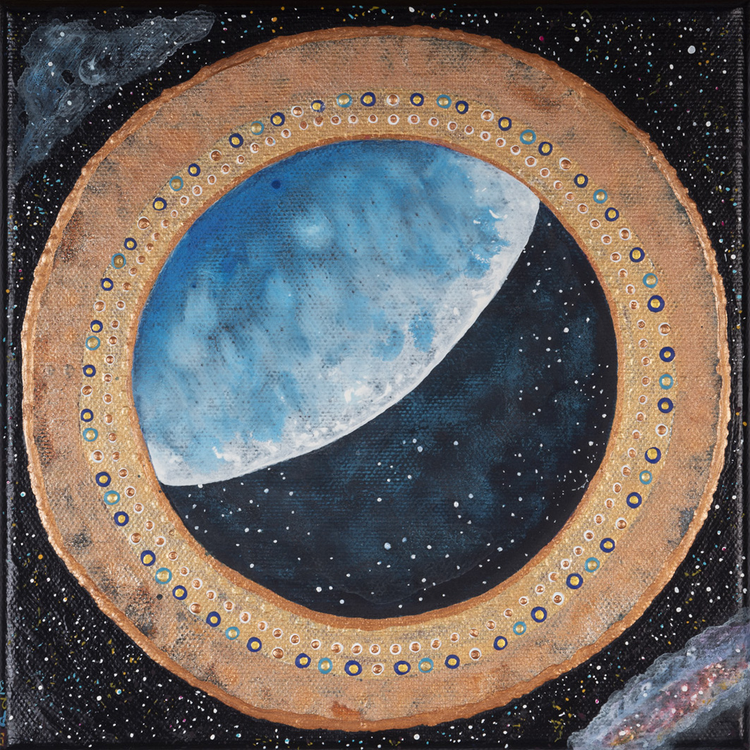 Tableau Nomade N-2120 (un carré de 20cm, acrylique sur toile). Série Stardust. Ce Nomade est en une pièce, ce qui est rare!