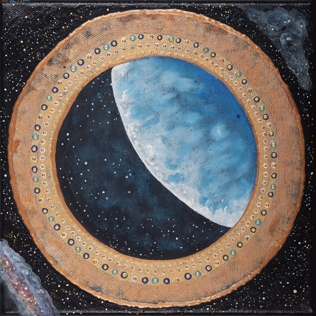 Tableau Nomade N-2120 (un carré de 20cm, acrylique sur toile). Série Stardust. Ce Nomade est en une pièce, ce qui est rare! Un carré de 20 cm qui peut s'accrocher dans tous les sens. Une vue spatiale, comme à travers un hublot de fusée, tout en "flottant" dans l'espace. Série "Stardust" (en français, Poussières d'étoiles)