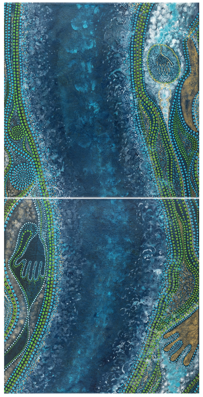 Tableau Nomade N-2240, diptyque, 2 carrés de (40 x 40 cm). Exemple d'accrochage (n°1) à la verticale (dimension totale ici env. 80 x 40 cm). Technique acrylique sur toile. Tons de bleus, blancs, dorés et verts. Série "Océaniques" (c) Elvire Parazols