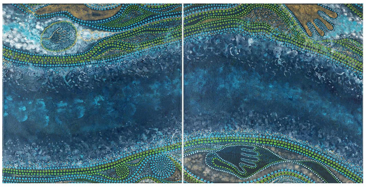 Tableau Nomade N-2240, diptyque, 2 carrés de (40 x 40 cm). Exemple d'accrochage (n°2) à l'horizontale (dimension totale ici env. 40 x 80 cm). Technique acrylique sur toile. Tons de bleus, blancs, dorés et verts. Série "Océaniques" (c) Elvire Parazols