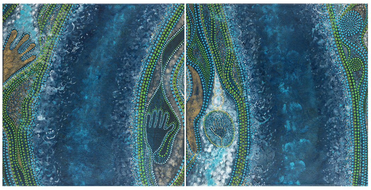 Tableau Nomade N-2240, diptyque, 2 carrés de (40 x 40 cm). Exemple d'accrochage (n°5) à l'horizontale (dimension totale ici env. 40 x 80 cm). Technique acrylique sur toile. Tons de bleus, blancs, dorés et verts. Série "Océaniques" (c) Elvire Parazols