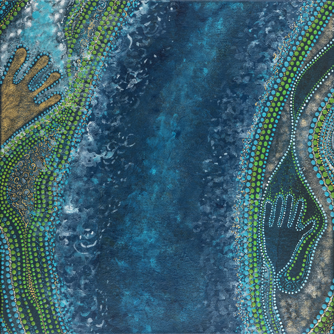 Tableau Nomade N-2240, diptyque, 2 carrés de (40 x 40 cm), ici un des deux carrés (le N-2240A) - Technique acrylique sur toile. Tons de bleus, blancs, dorés et verts. Série "Océaniques" (c) Elvire Parazols