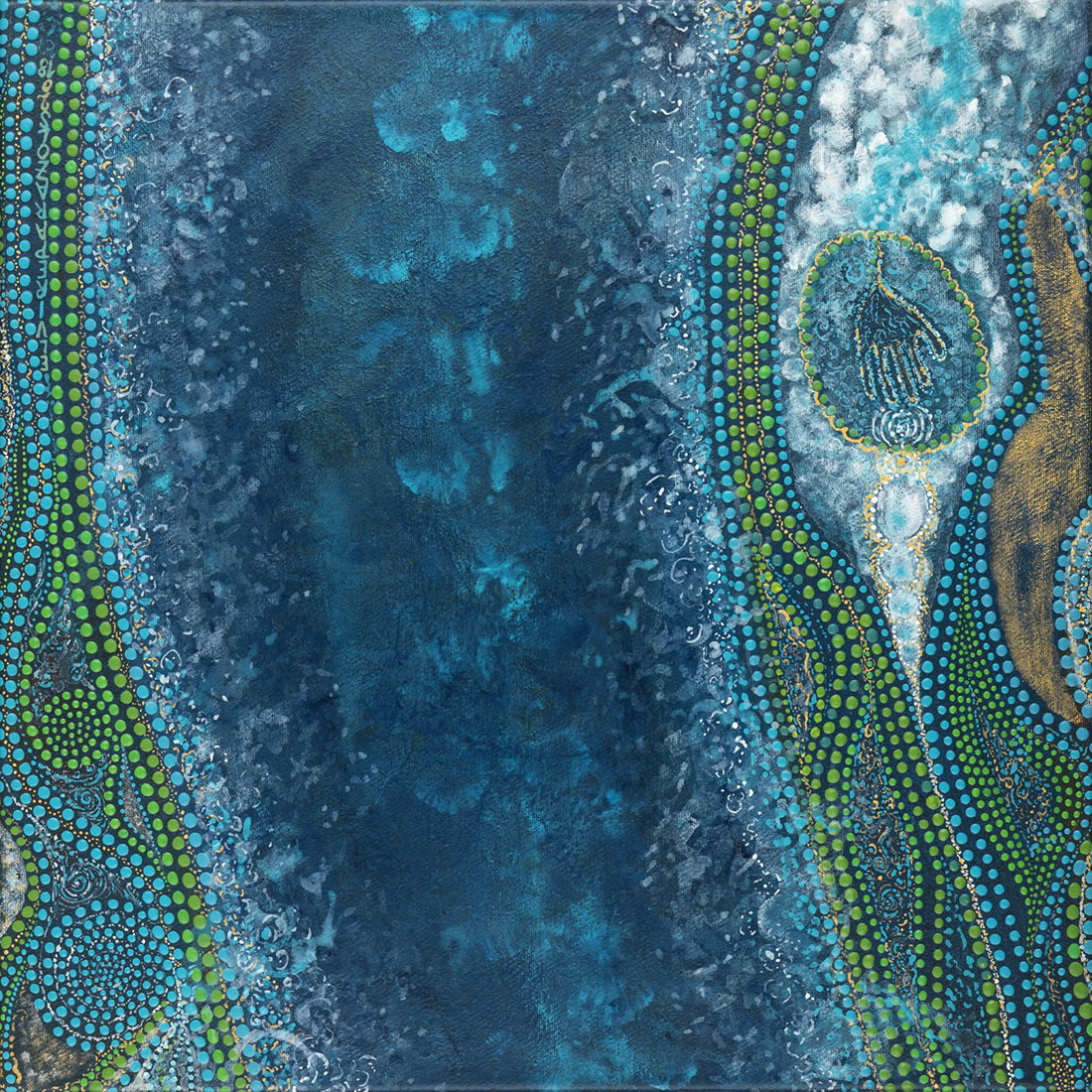 Tableau Nomade N-2240, diptyque, 2 carrés de (40 x 40 cm), ici un des deux carrés (le N-2240B) - Technique acrylique sur toile. Tons de bleus, blancs, dorés et verts. Série "Océaniques" (c) Elvire Parazols
