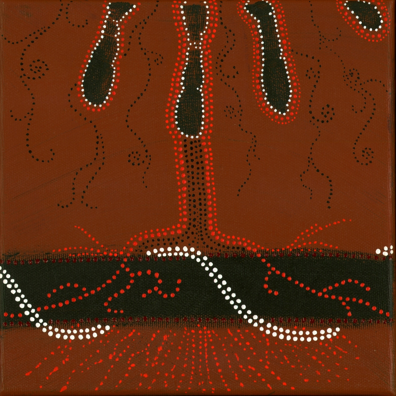 Tableau Nomade N-2320 de Elvire Parazols. Triptyque dans les tons terre de Sienne brûlée, noir, rouge et blanc. Ici présentation du premier carré.