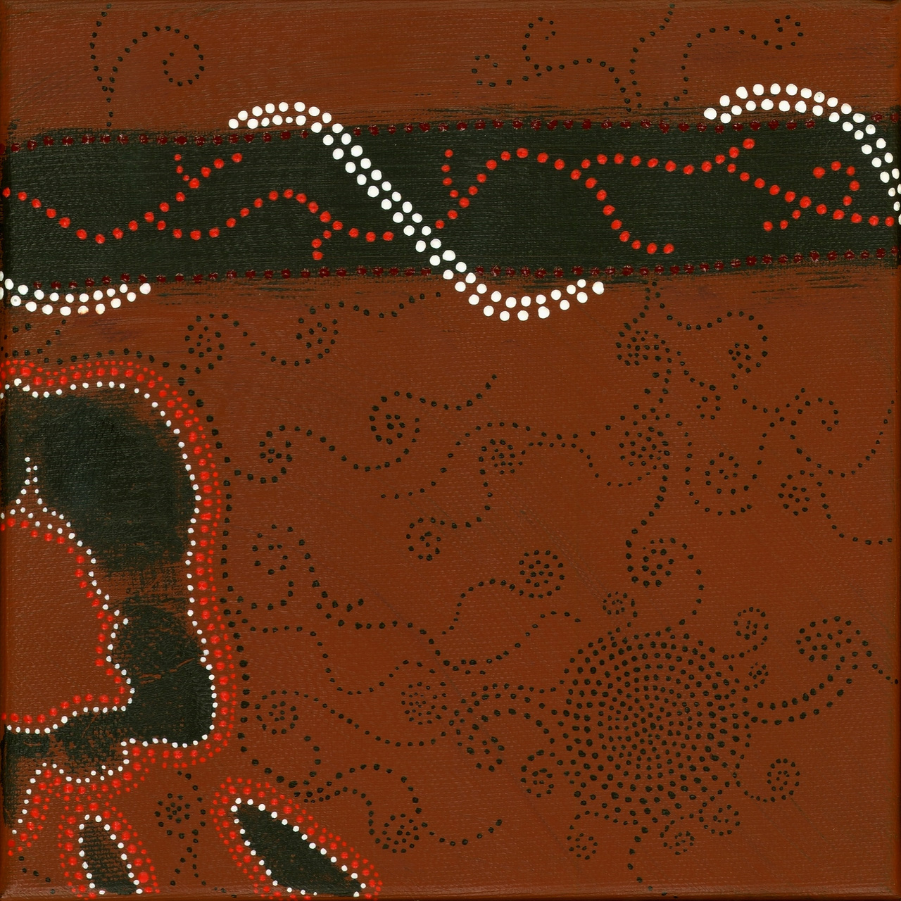 Tableau Nomade N-2320 de Elvire Parazols. Triptyque dans les tons terre de Sienne brûlée, noir, rouge et blanc. Ici présentation du deuxième carré.