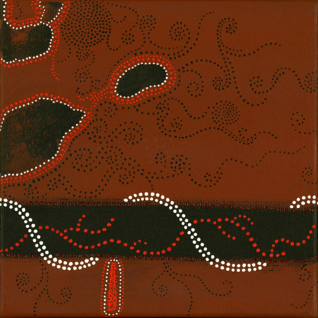 Tableau Nomade N-2320 de Elvire Parazols. Triptyque dans les tons terre de Sienne brûlée, noir, rouge et blanc. Ici présentation du troisième carré, avec signature.