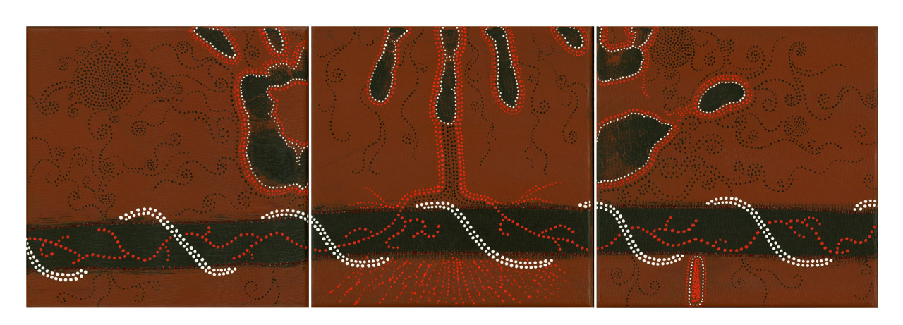 Tableau Nomade N-2320 de Elvire Parazols. Triptyque dans les tons terre de Sienne brûlée, noir, rouge et blanc. Ici en position horizontale, les 3 carrés l'un à côté de l'autre.