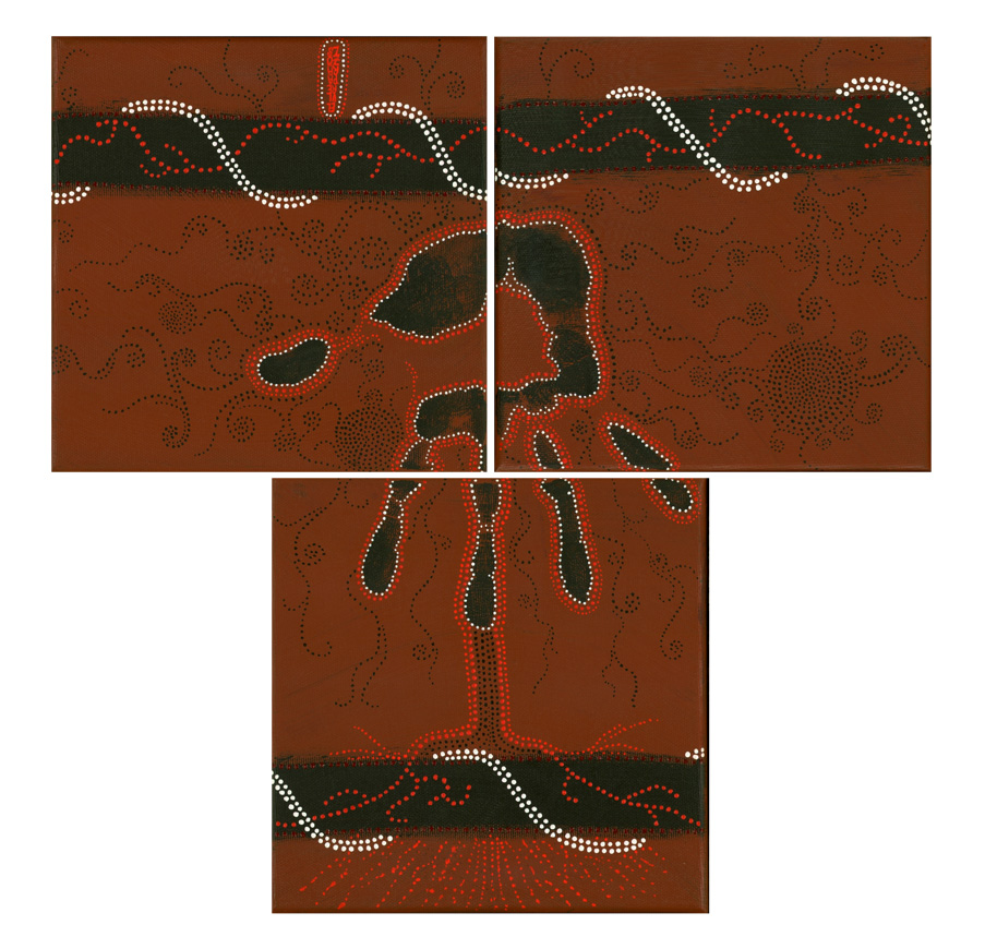 Tableau Nomade N-2320 de Elvire Parazols. Triptyque dans les tons terre de Sienne brûlée, noir, rouge et blanc.
