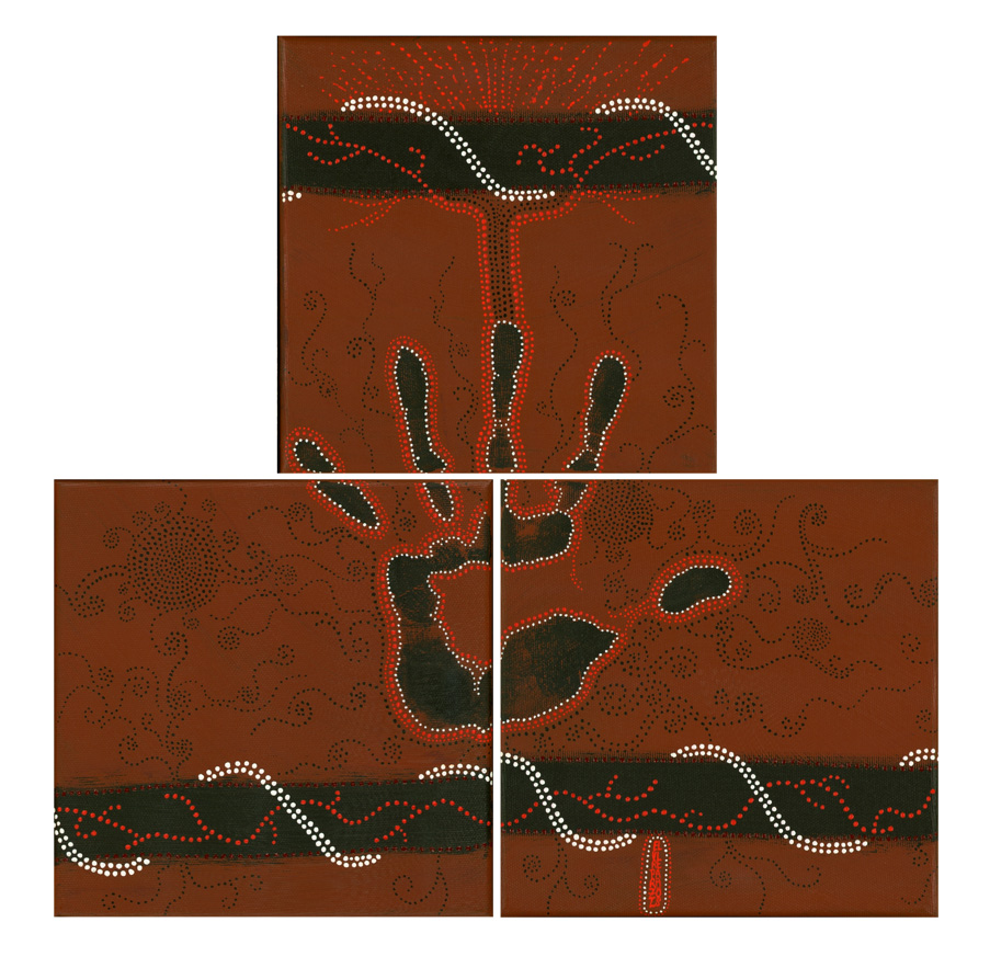 Tableau Nomade N-2320 de Elvire Parazols. Triptyque dans les tons terre de Sienne brûlée, noir, rouge et blanc.