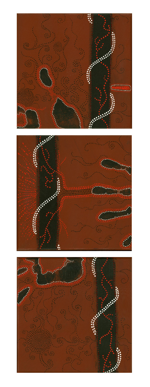 Tableau Nomade N-2320 de Elvire Parazols. Triptyque dans les tons terre de Sienne brûlée, noir, rouge et blanc.