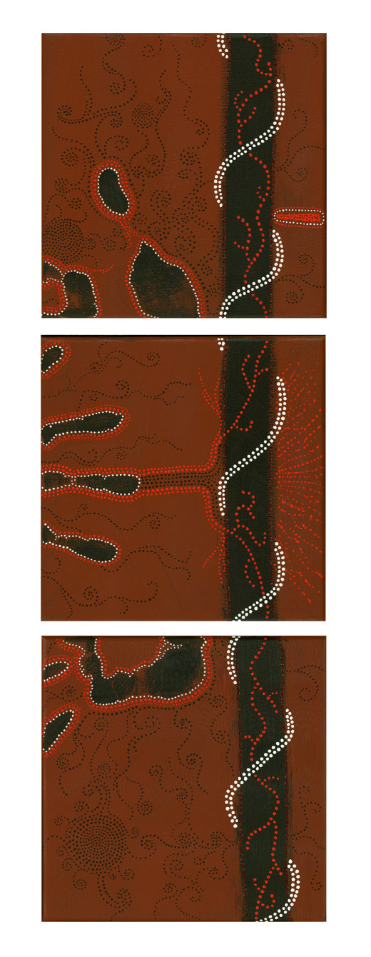 Tableau Nomade N-2320 de Elvire Parazols. Triptyque dans les tons terre de Sienne brûlée, noir, rouge et blanc.
