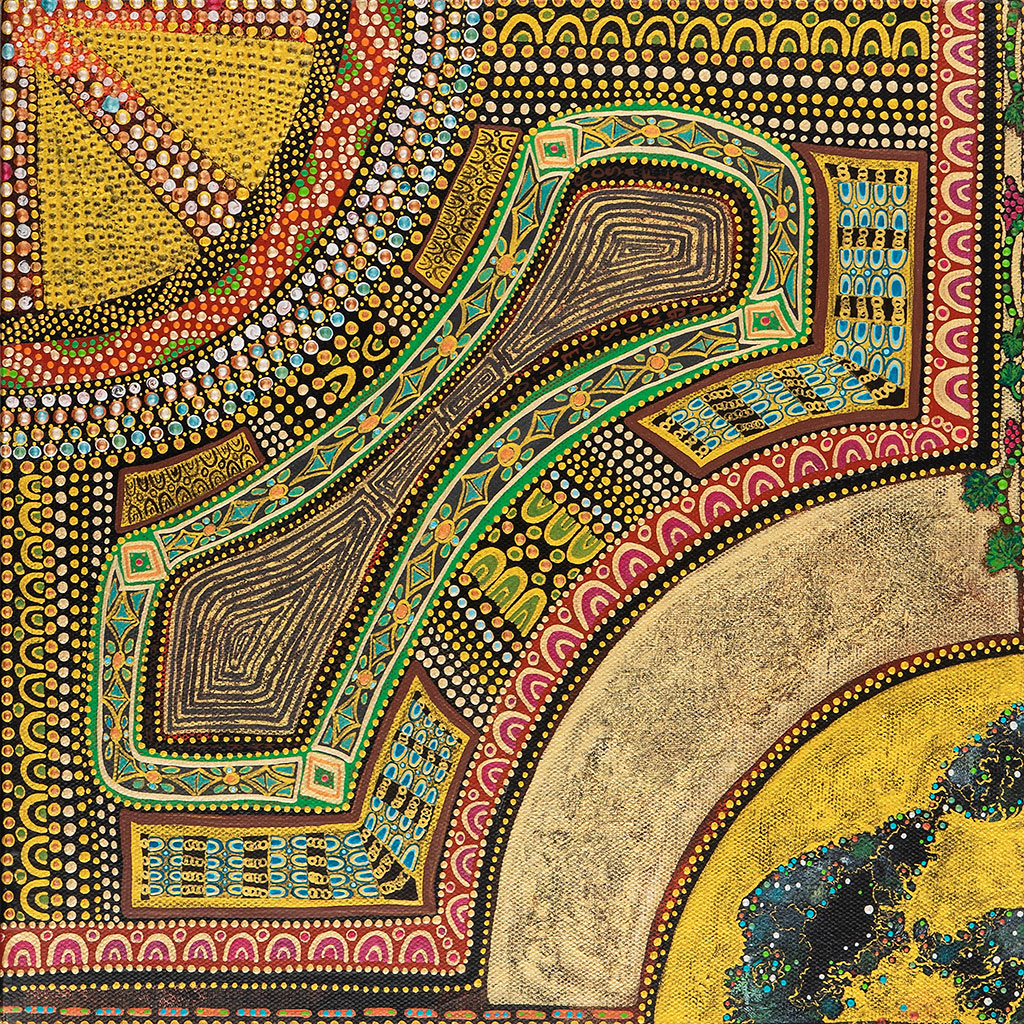 Tableau Nomade N-3430, quadriptyque, 4 carrés de (30 x 30 cm) - Technique acrylique sur toile. Tons d'ors, perles et pierres précieuses, dorés, verts, rouges, bleus et turquoises, jaunes, blancs et noirs. Ici le carré N-3430 A, 1er carré de 4. (c) Elvire Parazols