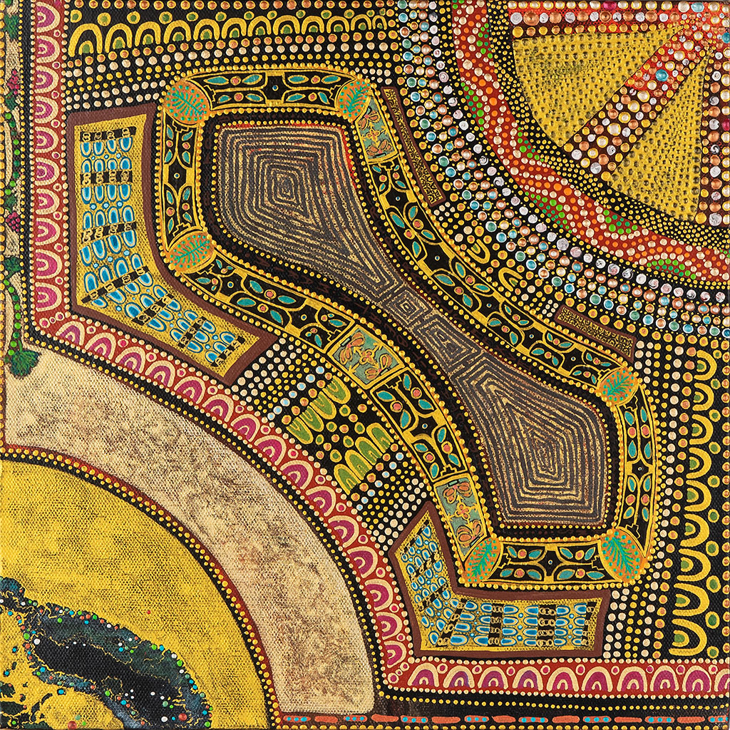 Tableau Nomade N-3430, quadriptyque, 4 carrés de (30 x 30 cm) - Technique acrylique sur toile. Tons d'ors, perles et pierres précieuses, dorés, verts, rouges, bleus et turquoises, jaunes, blancs et noirs. Ici le carré N-3430 B, 2e carré de 4. (c) Elvire Parazols