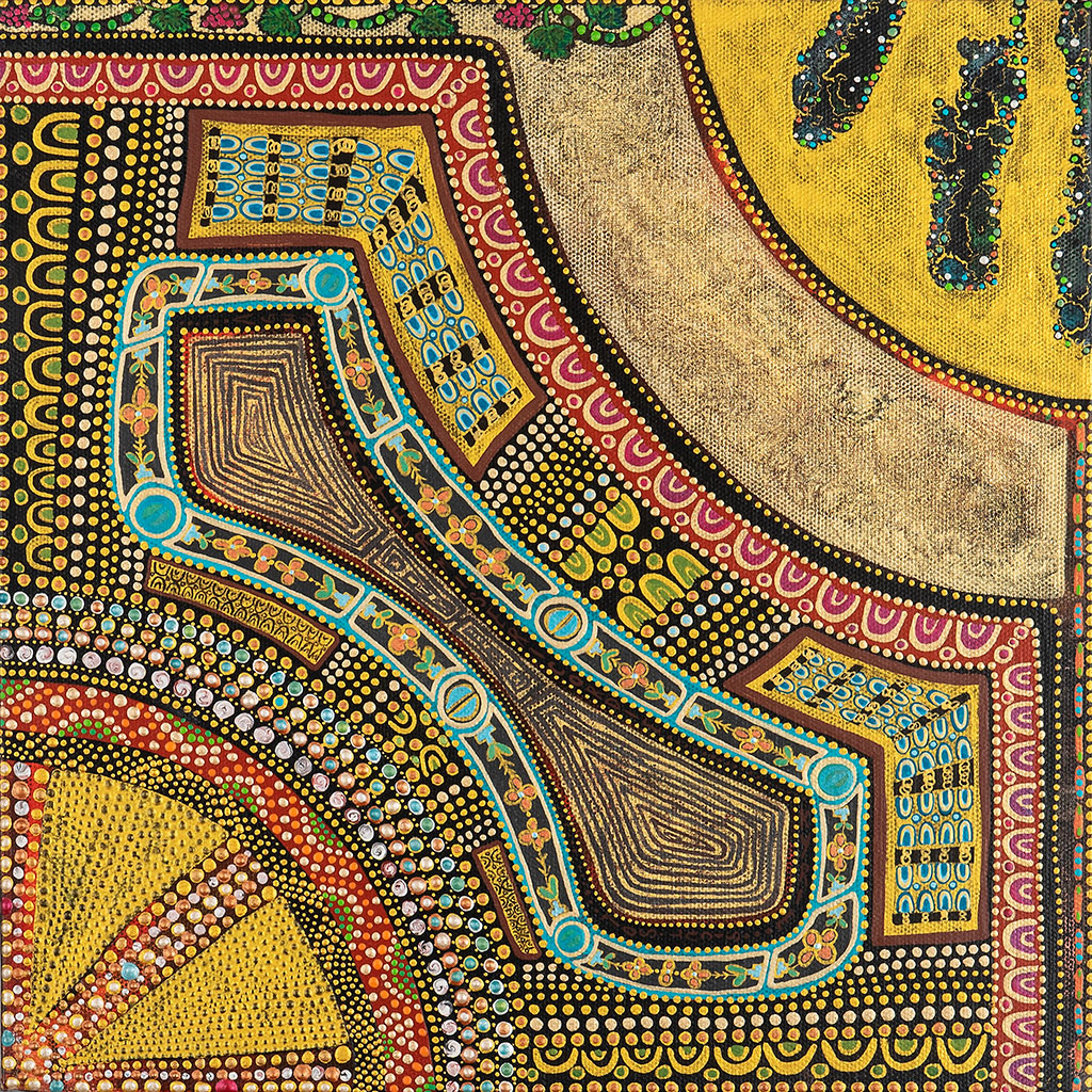 Tableau Nomade N-3430, quadriptyque, 4 carrés de (30 x 30 cm) - Technique acrylique sur toile. Tons d'ors, perles et pierres précieuses, dorés, verts, rouges, bleus et turquoises, jaunes, blancs et noirs. Ici le carré N-3430 C, 3e carré de 4. (c) Elvire Parazols