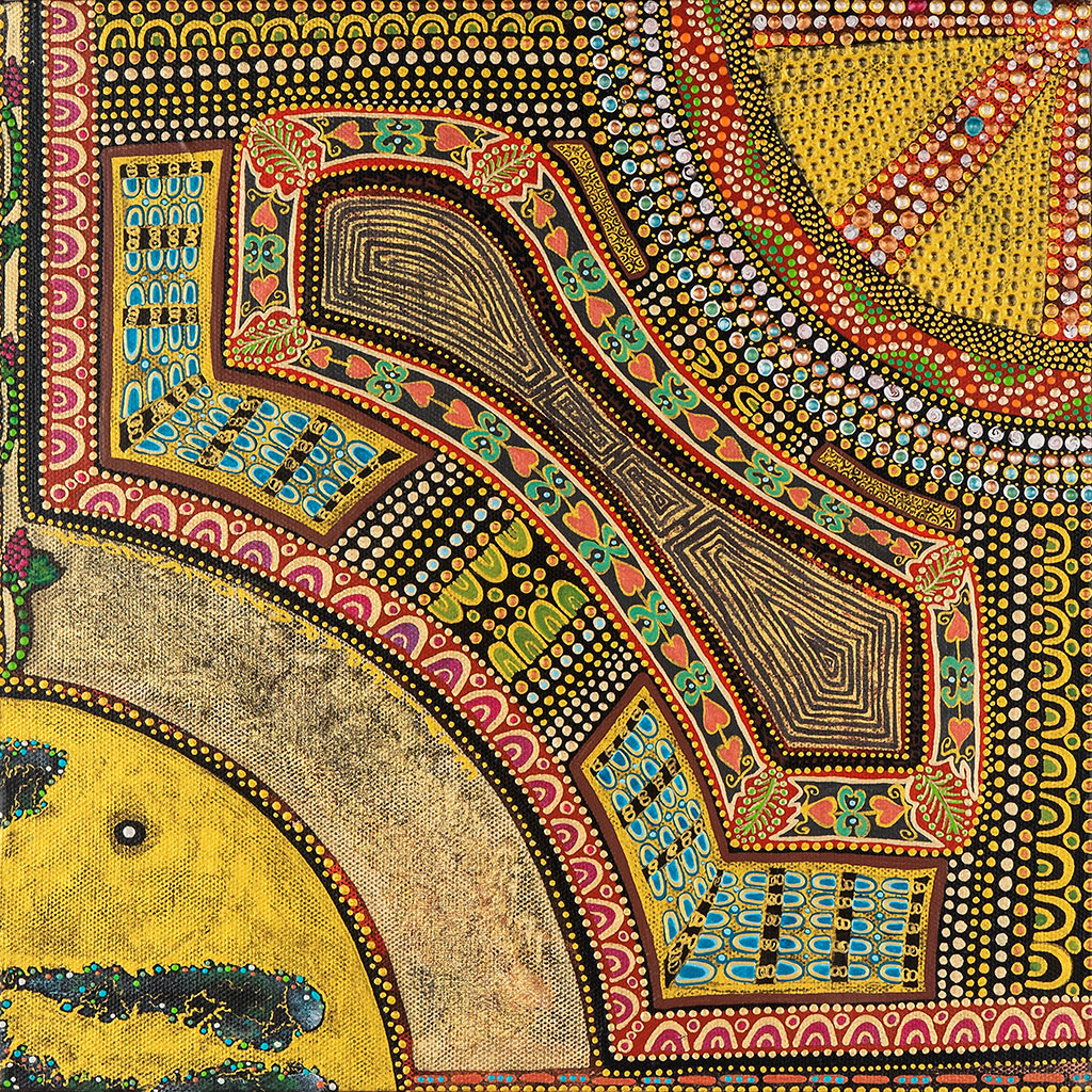 Tableau Nomade N-3430, quadriptyque, 4 carrés de (30 x 30 cm) - Technique acrylique sur toile. Tons d'ors, perles et pierres précieuses, dorés, verts, rouges, bleus et turquoises, jaunes, blancs et noirs. Ici le carré N-3430 D, 4e carré de 4. (c) Elvire Parazols