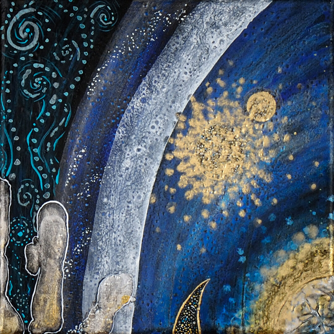 Tableau Nomade N-8420 (un carré (20 x 20 cm) de 4) - quadriptyque - Technique : acrylique sur toile. Série Stardust. Tons de bleus profonds et autres nuances de bleu, dorés, blanc. Atmosphère cosmique!