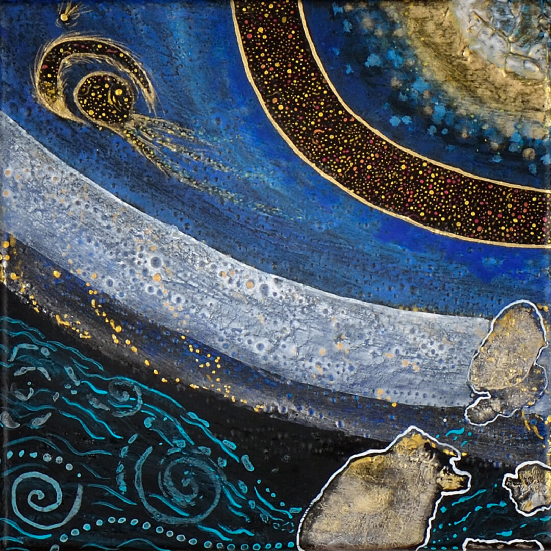 Tableau Nomade N-8420 (un carré (20 x 20 cm) de 4) - quadriptyque - Technique : acrylique sur toile. Série Stardust. Tons de bleus profonds et autres nuances de bleu, dorés, blanc. Atmosphère cosmique!