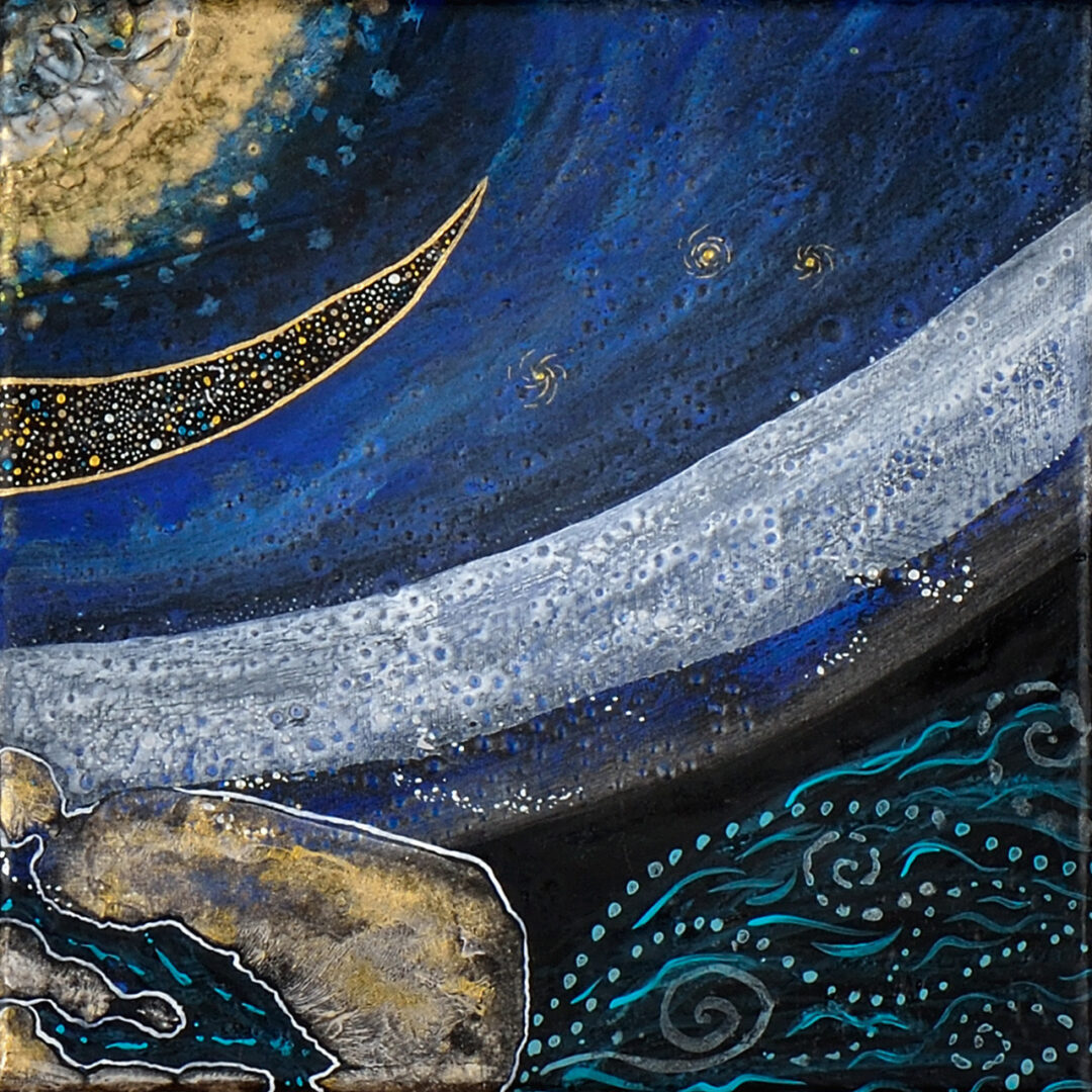 Tableau Nomade N-8420 (un carré (20 x 20 cm) de 4) - quadriptyque - Technique : acrylique sur toile. Série Stardust. Tons de bleus profonds et autres nuances de bleu, dorés, blanc. Atmosphère cosmique!