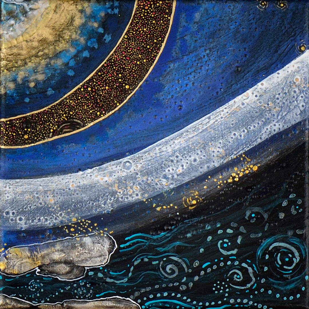 Tableau Nomade N-8420 (un carré (20 x 20 cm) de 4) - quadriptyque - Technique : acrylique sur toile. Série Stardust. Tons de bleus profonds et autres nuances de bleu, dorés, blanc. Atmosphère cosmique!
