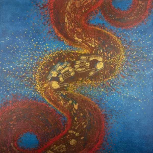 Tableau sédentaire S-242, carré de 100 x 100 cm, acrylique sur toile. Le tableau n'a pas besoin de cadre, les cotés sont peints. (c) Elvire Parazols