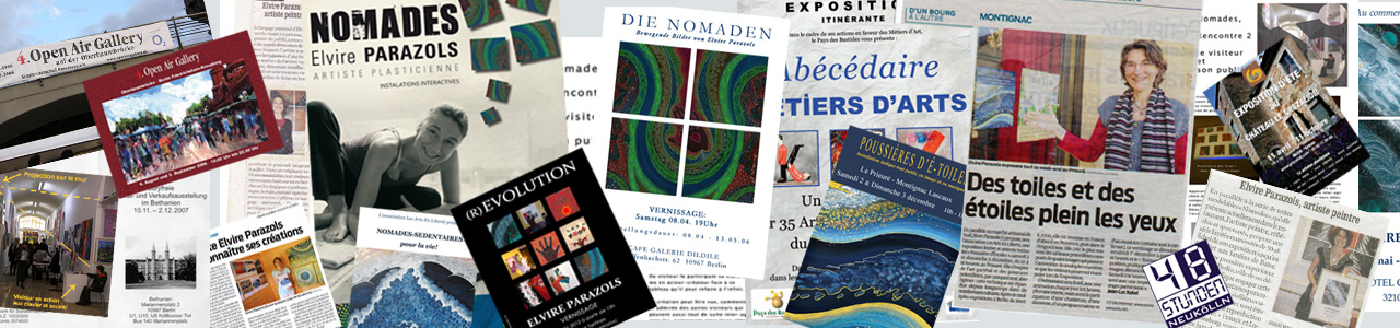 Montage-collage photos et articles de presse de l'artiste peintre plasticienne Elvire Parazols de 2005 (à Berlin) à 2024 (en Périgord, France)